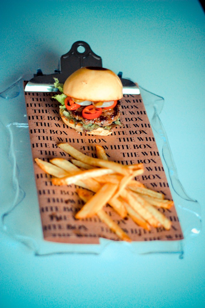 ‘BBQ style’ cheese beef burger in a Brioche bread with French fries